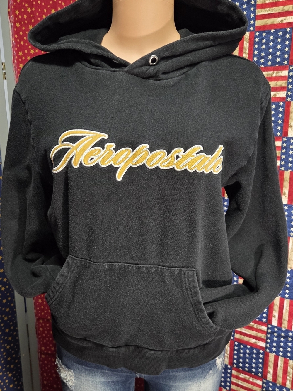 Aeropostale Black Hoodie with Gold Script Logo